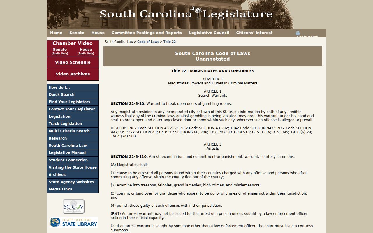 Marion County arrest warrant records South Carolina Title 22