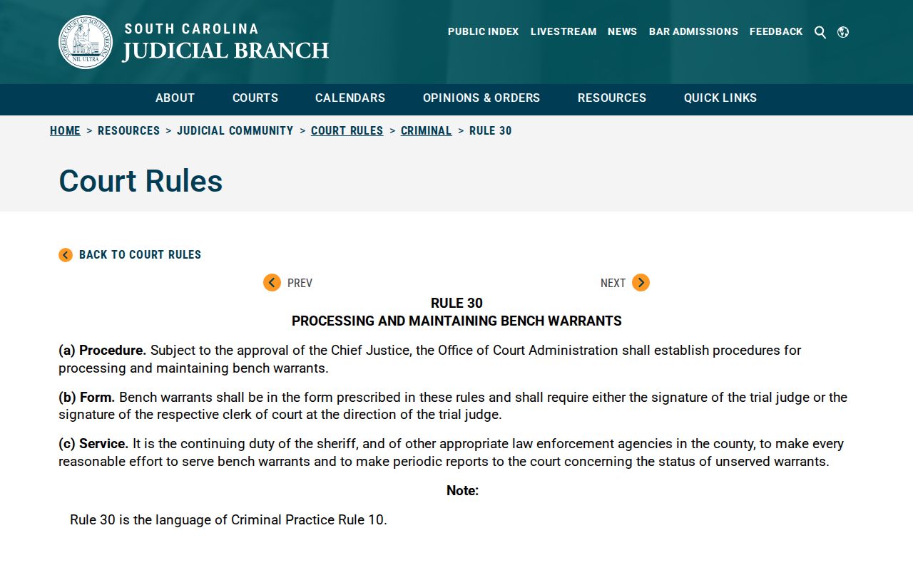 Marion County bench warrant records Rule 30 process